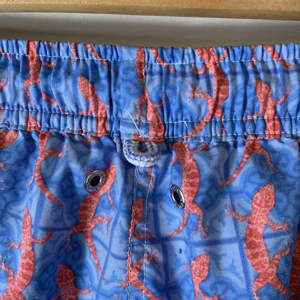 Peter Millar Men's Blue Orange All-Over Lizard Print Swim Shorts Size XL